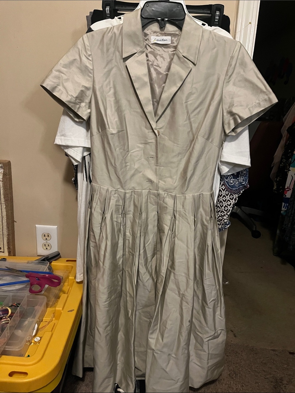 Calvin Klein Short Sleeve Midi Dress in Light Taupe - Picture 1 of 3